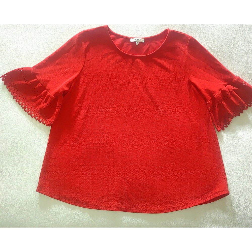 Moa Moa Red Flutter Sleeve Blouse Women's Plus Size 3X Stretch Perforated